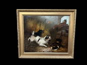 Terriers Chasing Fox out of Coop, Oil on Canvas