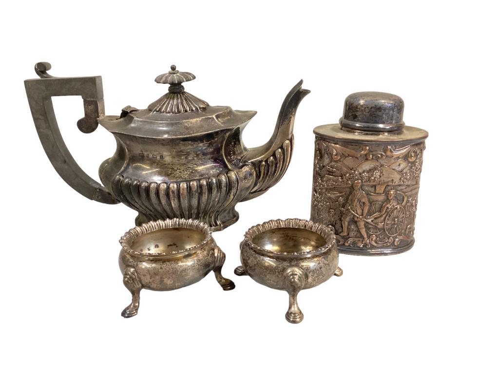 English Silver Tea Pot, Salt Dips, Tea Cannister (1 of 5)