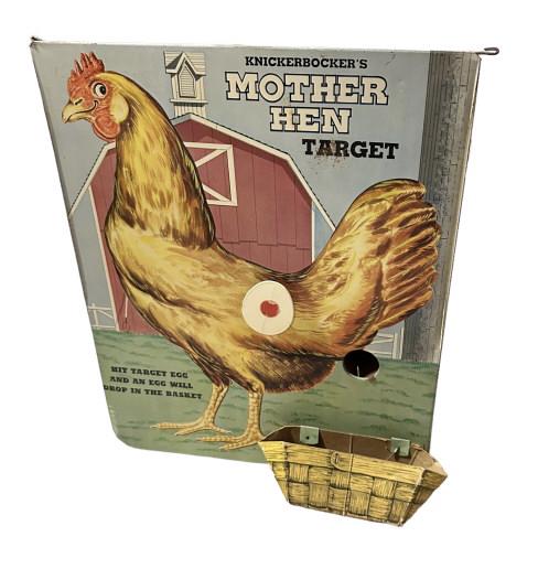 Knickerbockers Mother Hen Target Game: 17 x 14 inches, wear to basket, fold out legs, rust and wear to tin