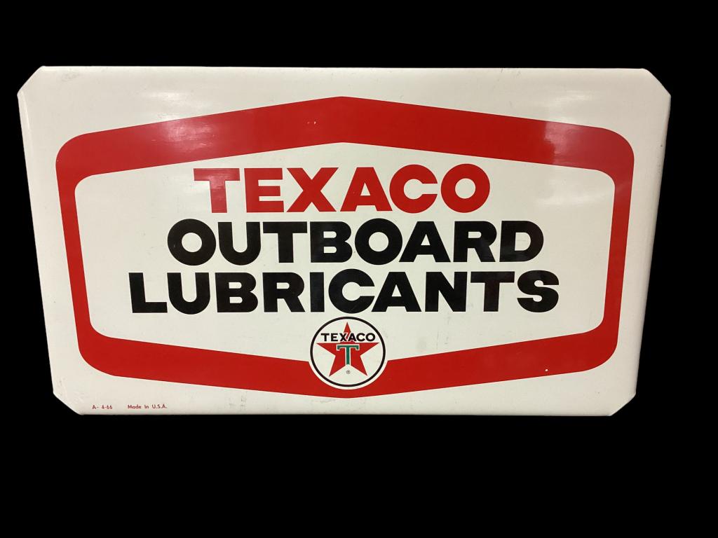 Texaco Outboard Lubricant Rack Sign: SST, 1966 sign with little to no wear, great colors, gloss,, 9.5 x 16 inches, displays well
