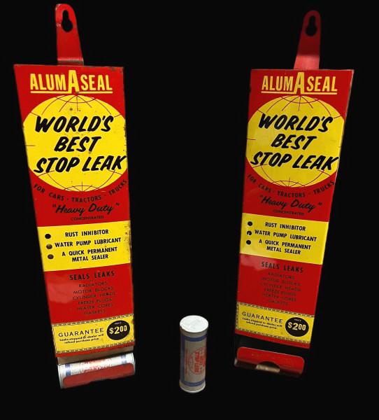 2 AlumASeal Displays Holders: Worlds best stop leak, w 7 tubes of original NIB product, 14 tall x 3.25 wide x 2.5 deep