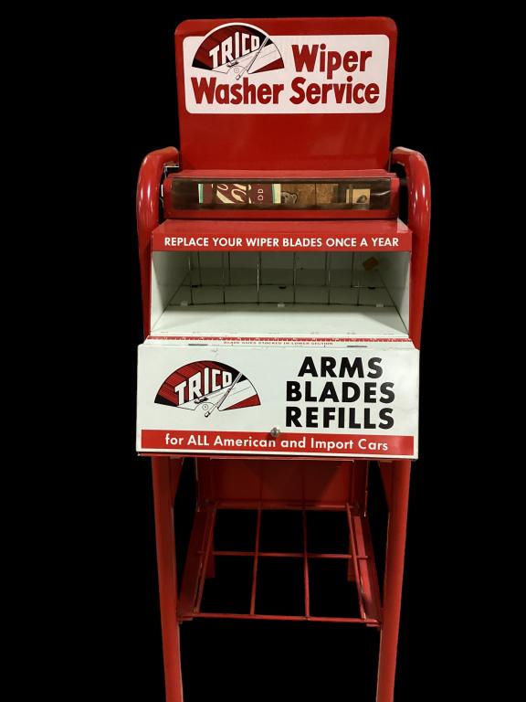 Trico Wiper Station Display Rack: 47.5 x 15 x 19 inch rolled support leg rack with wiper blade box, sectioned for each size needed, lift front, lower grated storage shelf, rear wheels for easy storage or display. Great red and white c