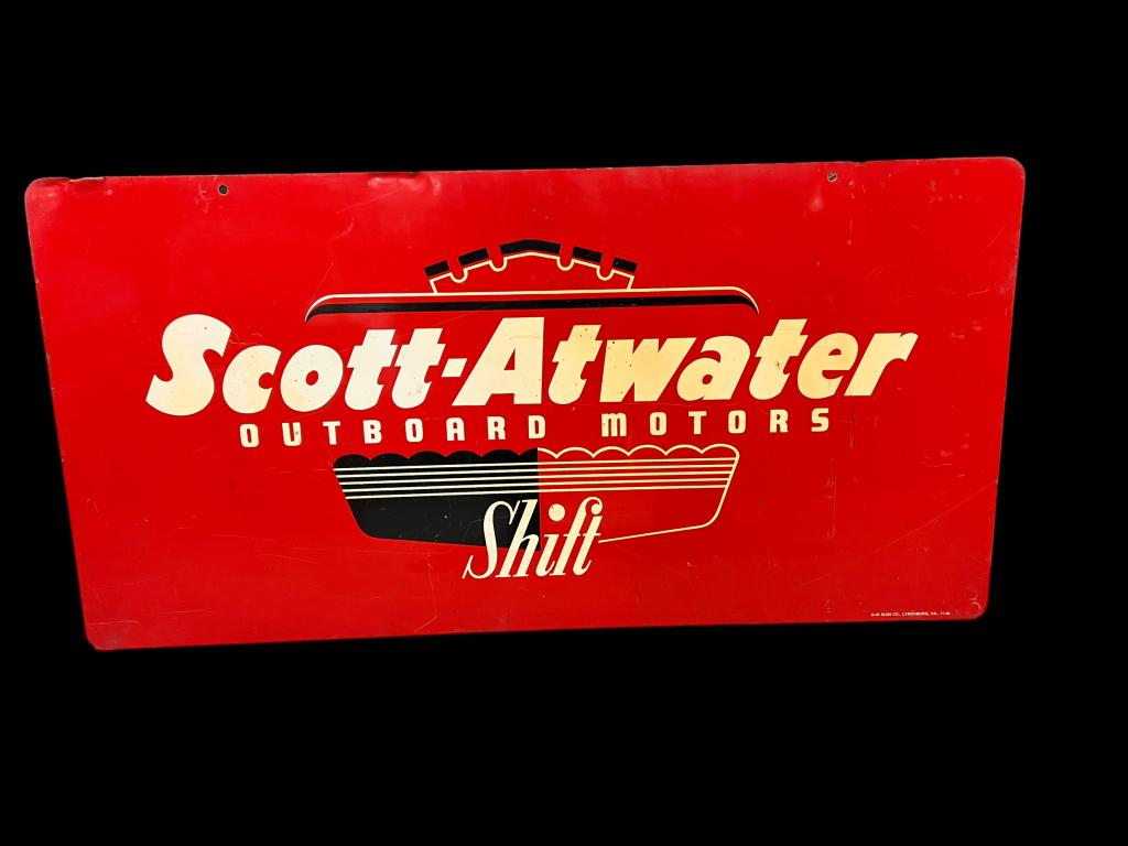 Scott-Atwater Dealership Sign: Scott-Atwater Outboard Motors "Shift" Steel Sign. Minor wear, rust and scratches. Slight dent on top corner, 36 X 18 inches. Aa-M sing CO. 11-50