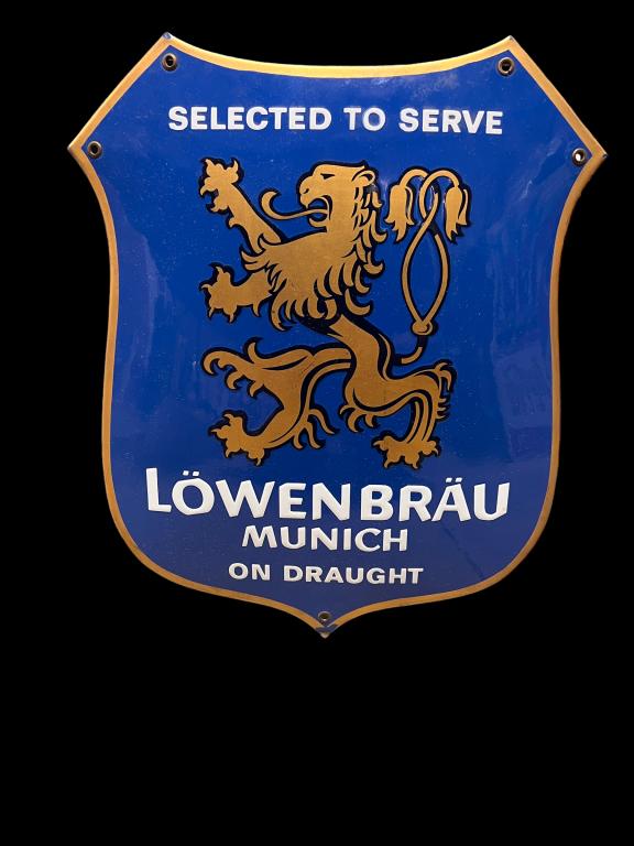 Vintage Porcelain Lowenbrau Shield Sign: Chip On Bottom Pioint, Excellent Conditon Otherwise, 16.5 X 13.25
