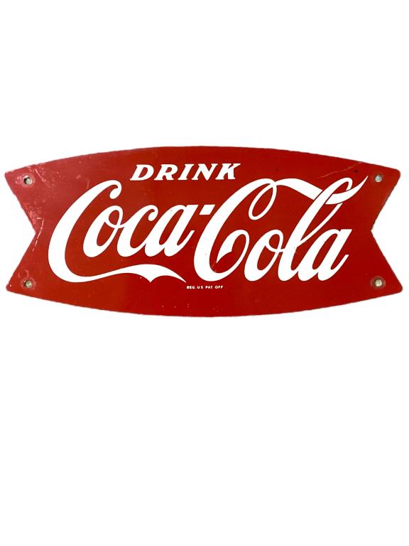 Vintage Coca Cola Fishtail Sign: Vintage Coca Cola. Metal advertising sign in good condition . Great color. Light scratches and ware. 5T x 12W
