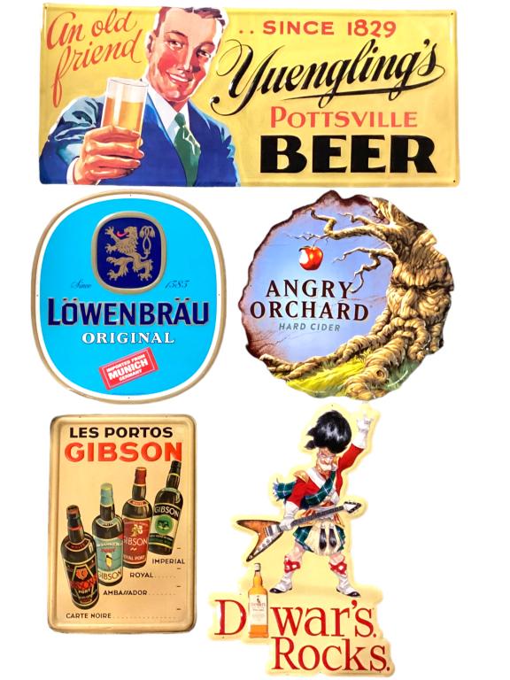 5 Embossed Reproduction Advertising Signs: Yuenling Sign 17T x 39W. Lowenbrau sign 20T x 18W. Angry Orchard 20T x 20W. Gibson 19.5T x 13.5W. Dewars 24T x 16W. All in good condition and good color.