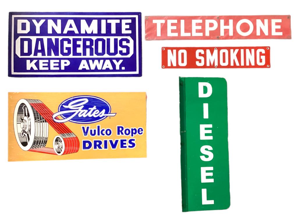 5 Vintage And Reproduction Porcelain Signs: No Smoking sign 4T x 20W. Telephone sign 4.5T x 27W. Dynamite sign 12T x 24W. Gate’s double sided flanged sign still in original packaging 12T x 24W. Flanged Diesel double sided sign. Some loss to p
