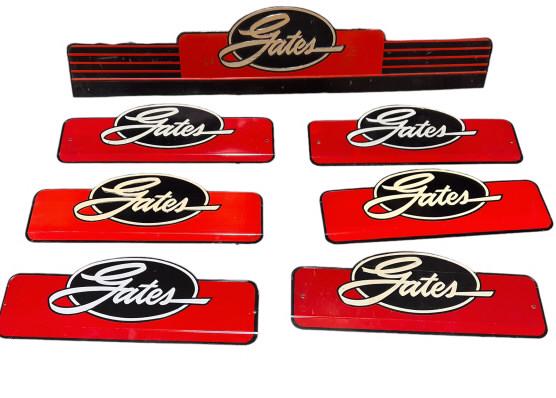 7 Embossed Gates Automotive Belts Signs: All good condition with minimal wear, Bottom two are reporductions, smaller signs 6.5 x 17.5, 7 x 36