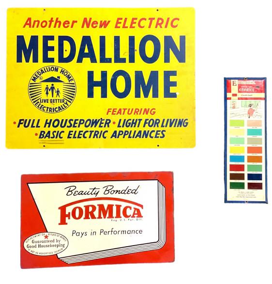 3 Advertising Signs: Medallion Home Electric metal single sided sign. Some scratches and ware. 18T x 24W. Eureka color chart tin sign. 16T x 5.5W. Formica metal double sided bracket sign. Some scratches and ware has rust 