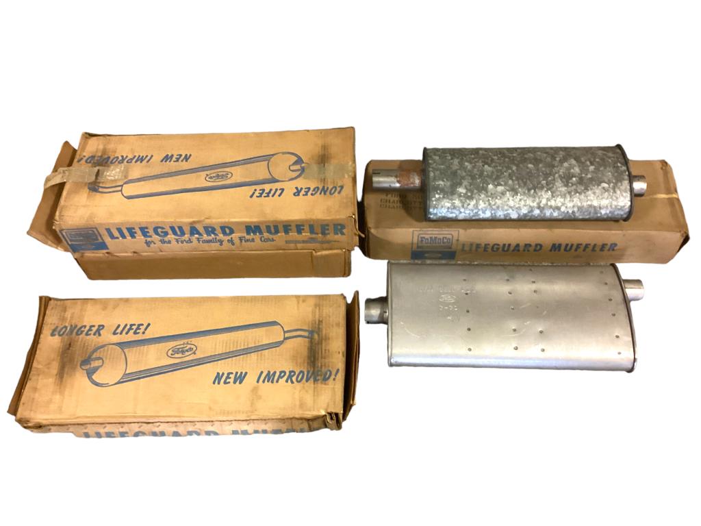 5 Ford Mufflers: 4 new old stock in Ford boxes. 1 out of box.
