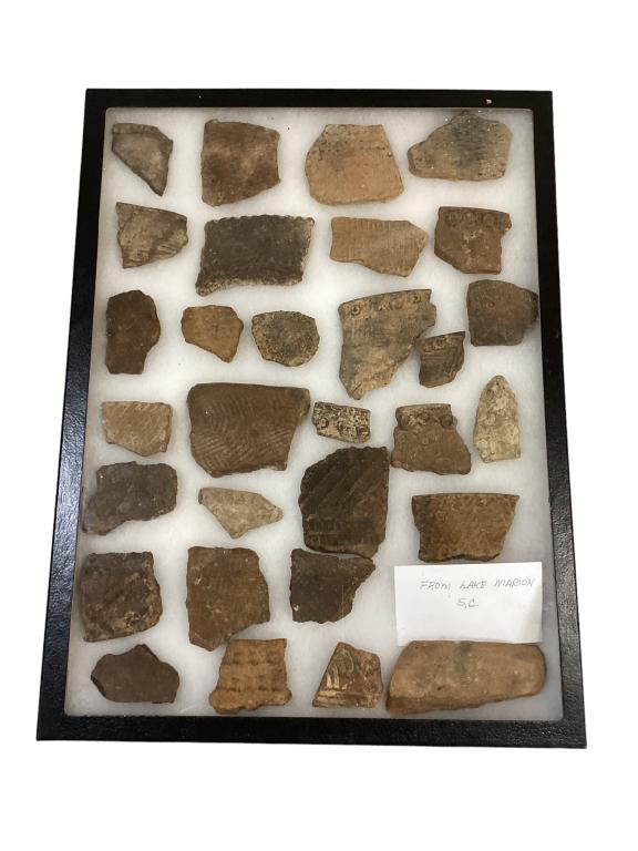 Collection Native American Pottery Shards, SC: 30 pottery shards in varied sizes, collected from Lake Marion SC, several with paddle stamp designs, some rim shards Line Item # 156