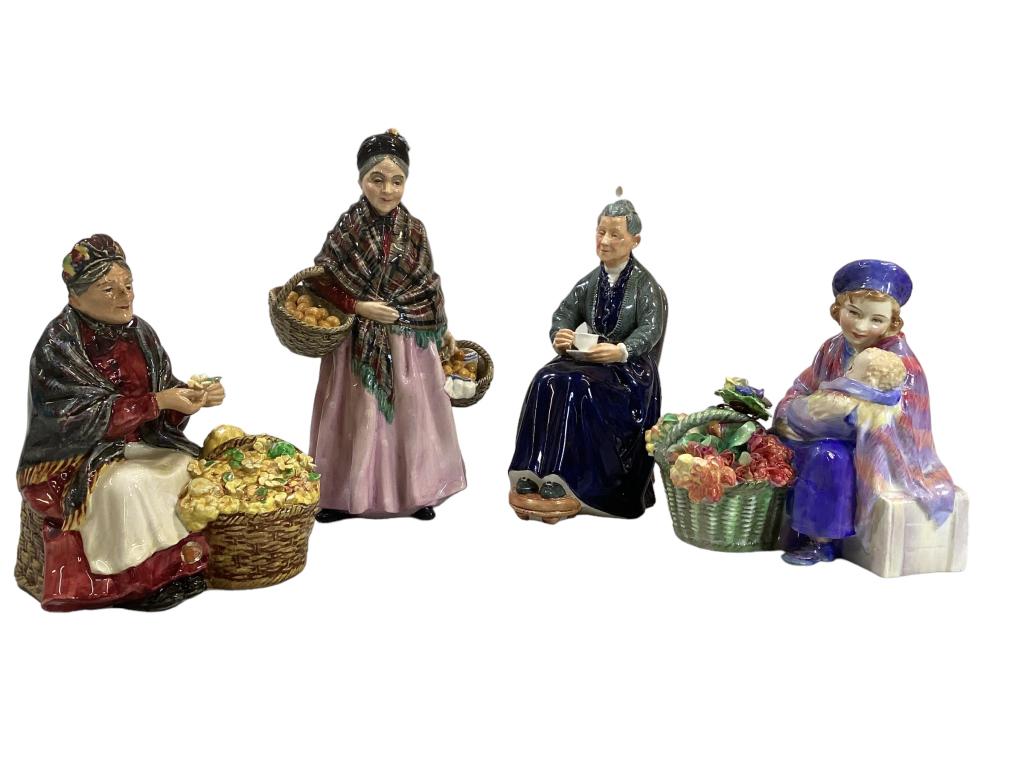 Four Royal Doulton Figurals: 8.5 inchThe Orange Lady, 6 inch Primroses, 7 inch The Cup of Tea, 6 inch Curly Knob, all marked