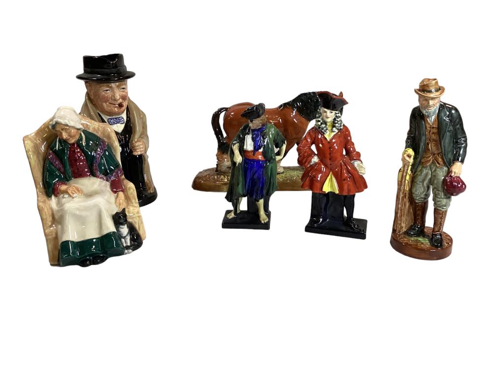 Six Royal Doulton Figures: Winston Churchill 9 inch Toby pitcher, 10 inch horse, Forty Winks woman in chair w/cat, 8 inch tall, The Gaffer, Capt Macheath from Beggers Opera, The Begger, all marked