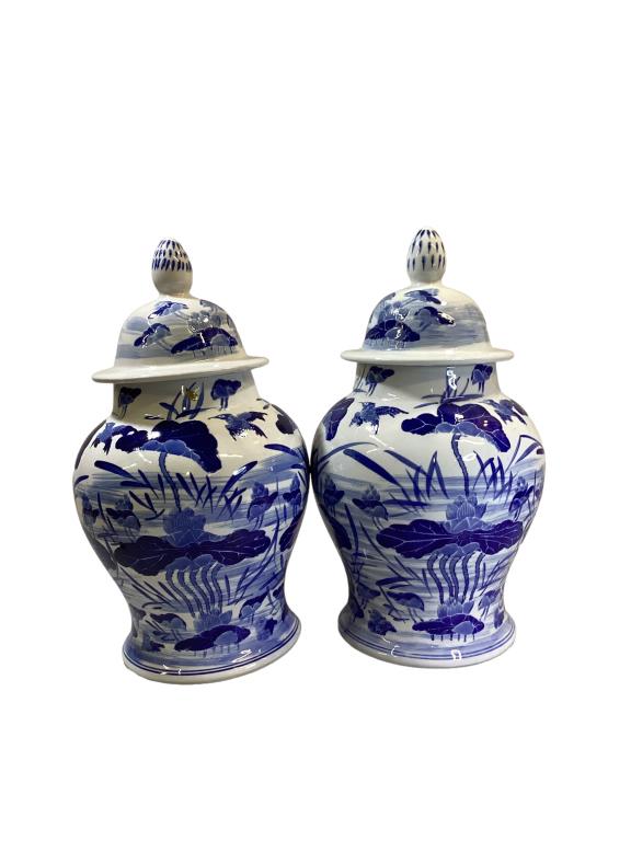 Pair Decorative Asian Lidded Urns (1 of 3)
