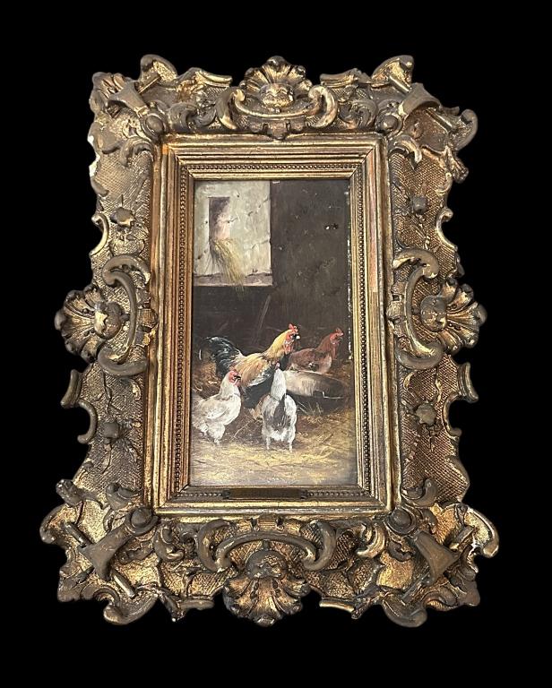 Chickens in Barnyard, Oil on Board: No visible signature, nameplate attributes work to Alfred Prehn (German, 19th/20th C.), under glass..paint transfer to glass and paint loss from rubbing frame, repairs/loss to frame..sight 7.75H x 4W,