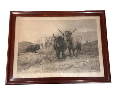 Engraving of Highland Cattle, after Rosa Bonheur: French, 1822-1899..engraved by Joseph B Pratt (British, 1854-1910)..Bonheur pencil signed l.l., Pratt l.r., dated 1890 in plate..toning and foxing, soot under glass..sight 26H x 36W, frame 31H x 41.5W