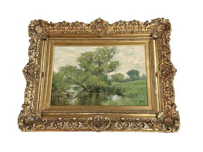 Olive Parker Black, Oil on Canvas: American, 1868-1948..showing a riverside landscape, signed lower right, sight 15.5 x 23.5 in., carved gilt frame 27.5 x 35.5..surface dirt, craqeulure, loss to gesso elements on frame