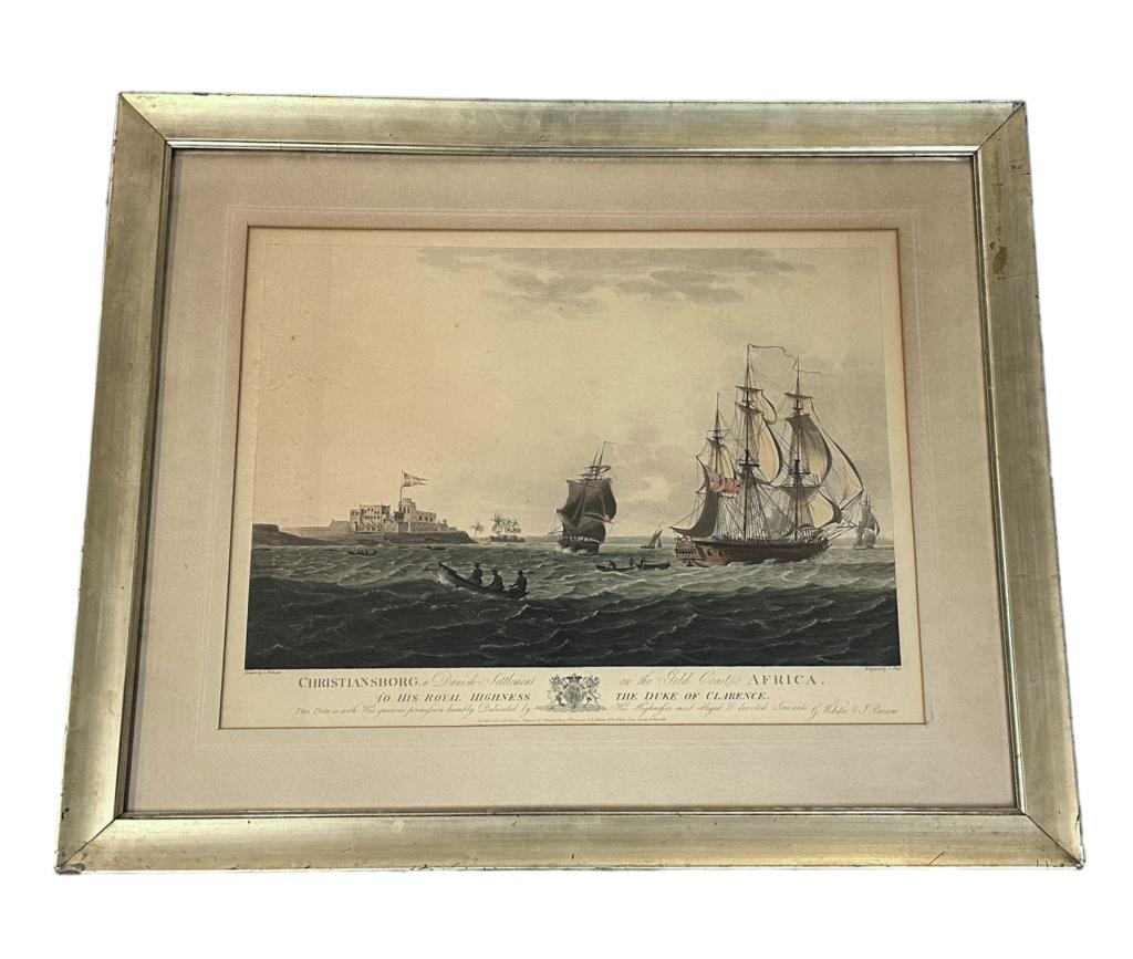 Maritime Engraving of Christianborg: after George Webster published by J. Barrow 1806, hand-colored, on paper, sight 18 x 23 in., mat burn, foxing, toning, not examined out of frame; 27 x 33 frame with wear Line Item # 71