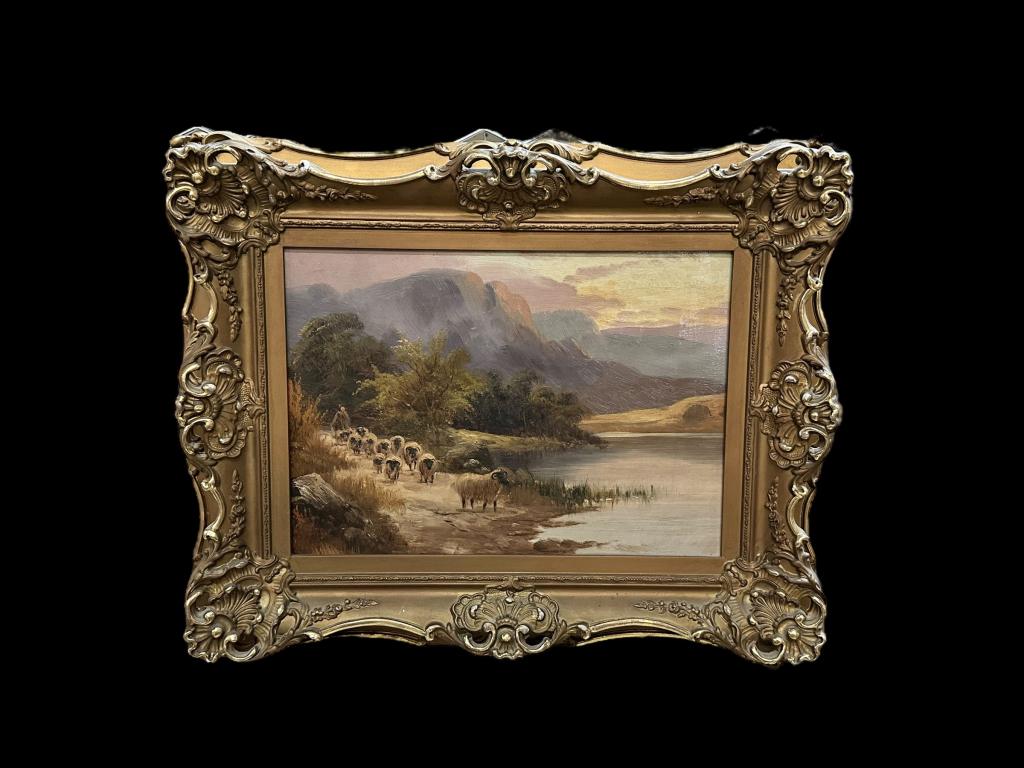 Landscape with Sheep, Oil on Canvas: American School, late 19th/early 20th century, no visible signature, craquelure, stretcher marks, coal soot, carved gilt wood frame..sight 9.5H x 13.5W, frame 16H x 20W