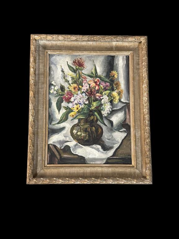 Floral Still Life, Mildred Schmertz: American, 1925-2018..first female editor-in-chief of Architectural Recordin 1985..oil on board, signed Schmertz 43 lower right..surface dirt, bellflower frame has some damage..sight 23H x 17W, frame 3