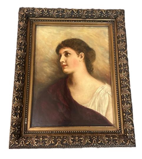 Portrait of a Lady, Oil on Masonite: Early 20th century, no visible signature, craquelure, under glass, carved gilt wood frame with some missing elements..sight 19.5H x 14.5W, frame 26.5H x 21.5W..frame needs cleaning