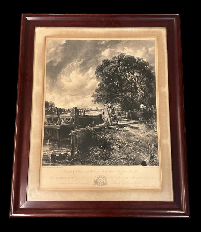 David Lucas, after John Constable: Titled: The Lock.. mezzotint published by F.G.Moon, 1834, toning and mat burn, discoloration to mat..sight 26H x 20W, frame 35H x 28.5W Line Item # 114
