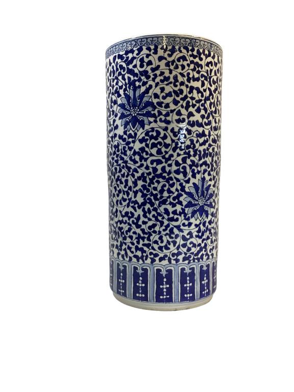 Asian Blue and White Umbrella Stand: 18 x 9.5 inches, repeating cobalt design to body, unmarked, rolled lip, dry foot ring
