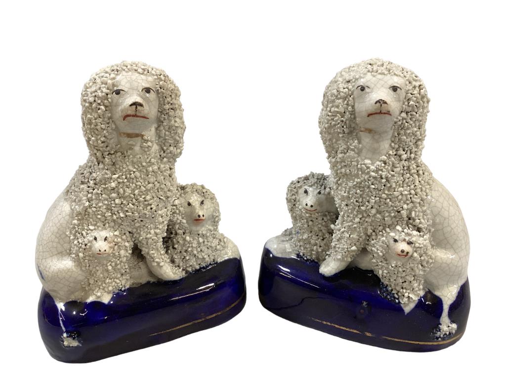 Pair Diminutive Staffordshire Spaniels: 4 x 3 inches, a right and left facing pair, Mother dog with 2 puppies, curly hair sitting on cobalt pillows