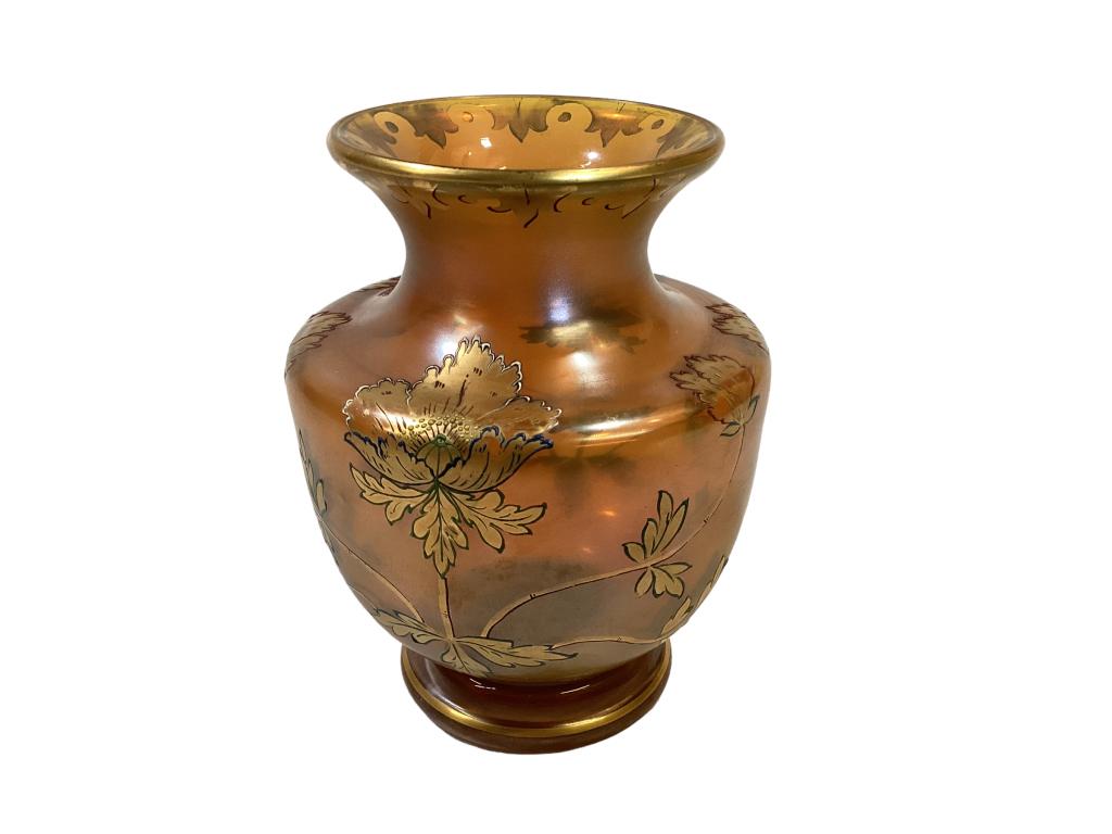 Fritz Heckert Loetz Art Glass Vase: 4.5 inch iridescent gold vase with Art Nouveau style leaves, in gilt and etched blue, slight flared rim, Beautiful color