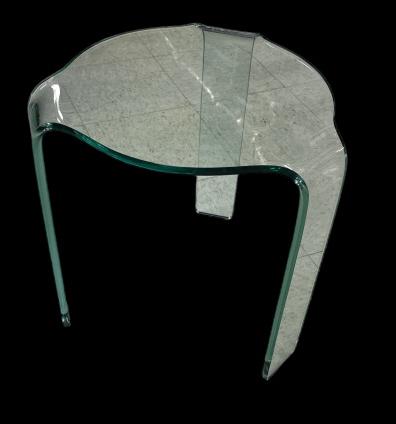 Ragno Glass Side Table by Fiam: Shaped top on 3 curved legs, designed by Vitorrio Livi for Fiam, 21st century, made in Italy, 17.5H x 17.5W..light surface scratches, no chips or cracks Line Item # 38