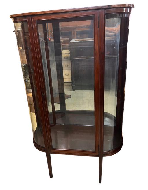 Inlaid Bow Front Vitrine: Mirrored back, glass shelves, original glass, 62.5 tall x 39.5 wide x 16.5 deep