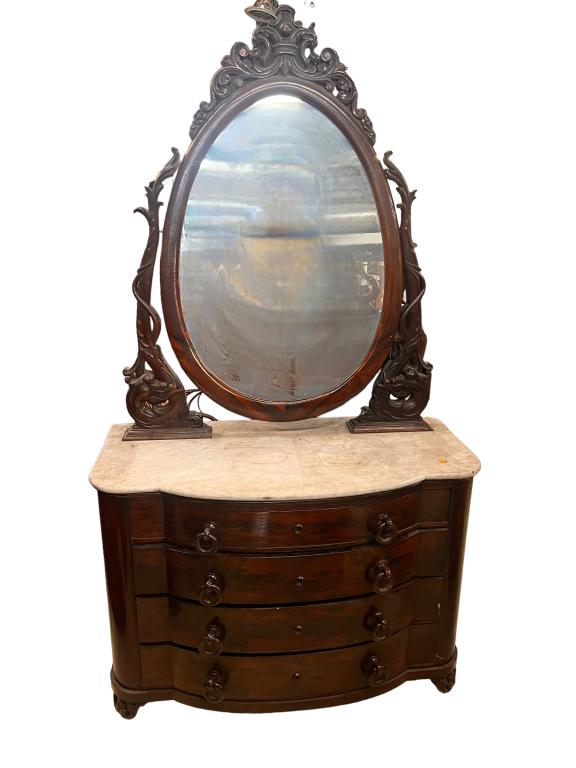 Rosewood Dresser W Mirror: Mid 19th C, carved supports, carved cornice, wooden ring pulls, drawers stick & need minor restoration, 89 tall x 49 wide x 25 deep