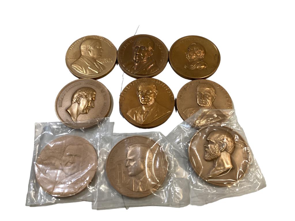 Nine Bronze Presidential Series Medals: 3 inch diameter medals, most produced by USMint, Collector series, 3 in original plastic covers, Herbert Hoover, William Harrison, Zachery Taylor, Millard Fillmore, 2- Lyndon Johnson, George Bush ( Sr