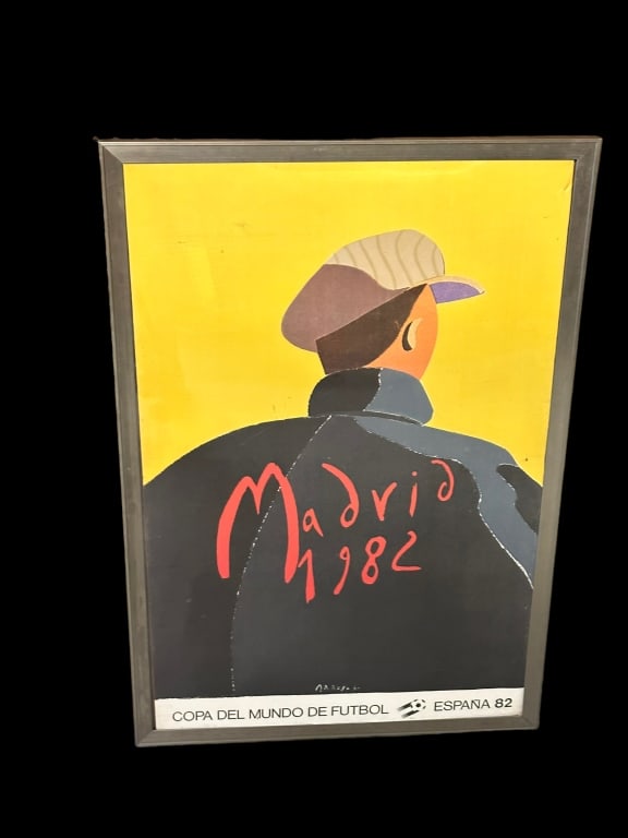 After Arroyo, Madrid 1982 Copa Del Mundo Poster: In frame, scratches to plexiglass, tear upper right corner, areas of discoloration..sight 36H x 24W, frame 38H x 26W
