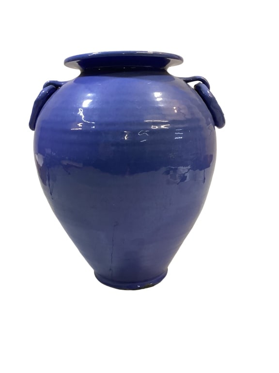 Bulbous Otters Vase: 12.5 inch tall vase, broad shoulders with slight oval ring handles, flat rim, in the Cole style and color, no marks.