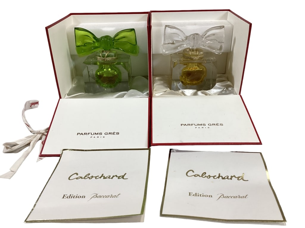 2 Baccarat Cabochard Parfumes: Limited Editions, 40 th anniversary of Cabochard, clear bottle with bow stopper, #253, never opened with box, and a limited edition #174 bottle as a wrapped gift with bow in green, ( 2000 year?) also 