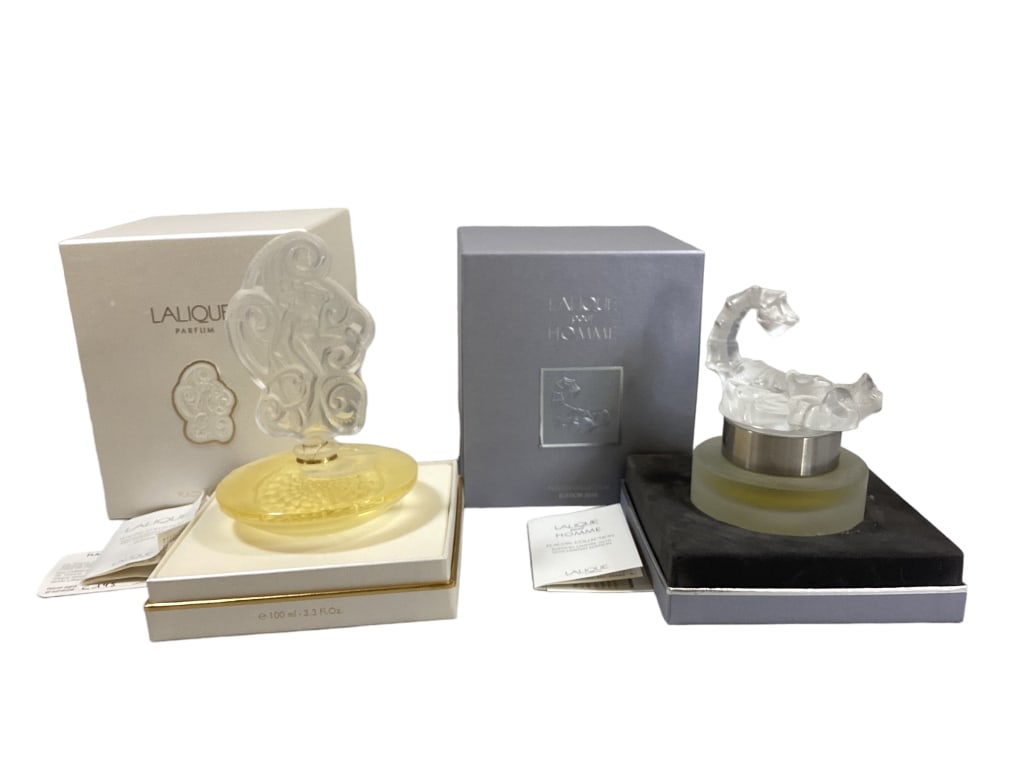 Two Lalique Limited Edition Fragrance Flacons: Lalique Pour Homme, 2010 Scorpion signed and #268, Lalique Songe 2005 nude silhouette satin dauber, #145, both unopened with certificates, and original boxes 4