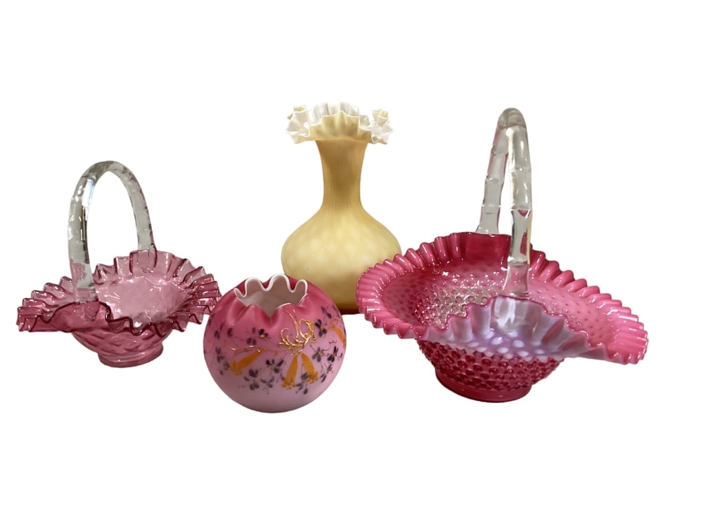 4 Pieces Fenton: 9.5 x 10 inch cranberry hobnail basket with clear handle, 7 inch cranberry basket, 9 inch yellow satin cased vase, 4 incg satin glass rose bowl with hand painted enamel decoration 11