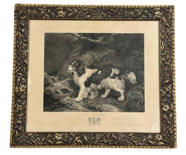 The Spaniel, after Richard Ramsay Reinagle: Engraving commenced by John Scott, finished by John Webb..Published July 1830 by Moon, Boys & Graves..toning, foxing, water damage lower right..floral frame with some loss..sight 18H x 21W, 23H x 26W