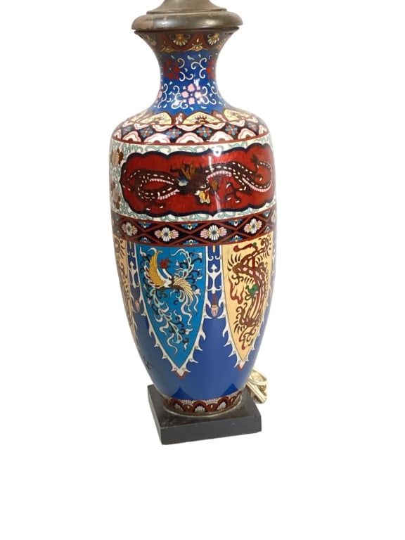 Asian Cloisonne Dragon Vase: Mounted as lamp, 22 inches tall multi colored panels with dragons, geometrics, baluster form, mounted hard stone base* some wear, light dent