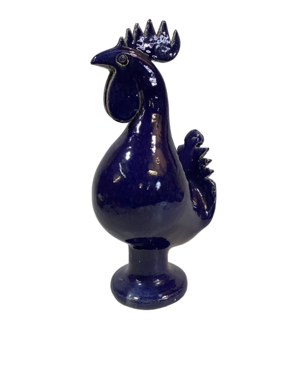 Edwin Meaders Pottery Rooster: 16.5 x 8 inch Rooster in deep blue glossy glaze. , 6 tooth comb, pedestal base, signed and dated, 12/28/1991…great color and good condition Line Item # 74