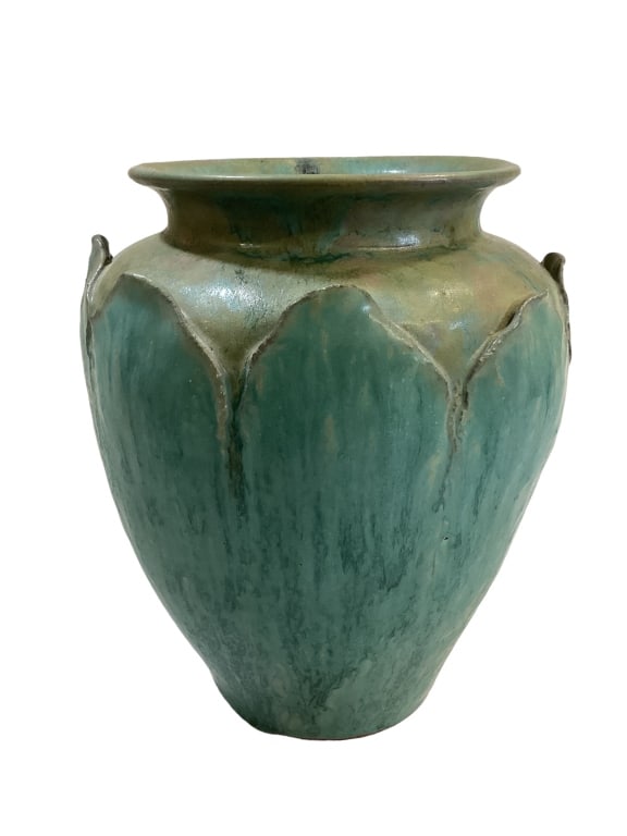 LDDK Pottery Vase: Seagrove 9 x 7 inch botanical form vase in green, turned by Drew Krause, decorated by Linda Dixon,