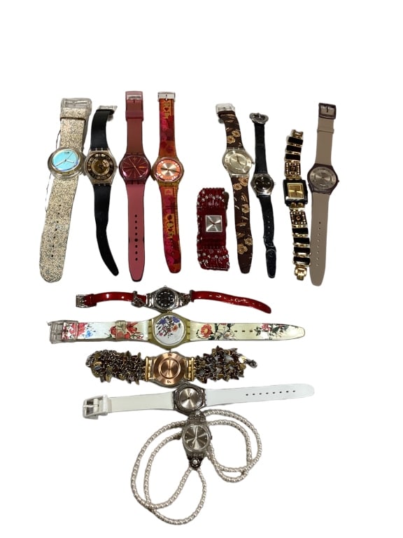 Collection of Vintage Swatch Watches: 14 Swatch watches, including 200 tapestry band, 2001 with flowers, 2003 white w/ rubber band, 2006 bracelet style band, 2005 petite size with black leather band, confetti style leather band, all worn