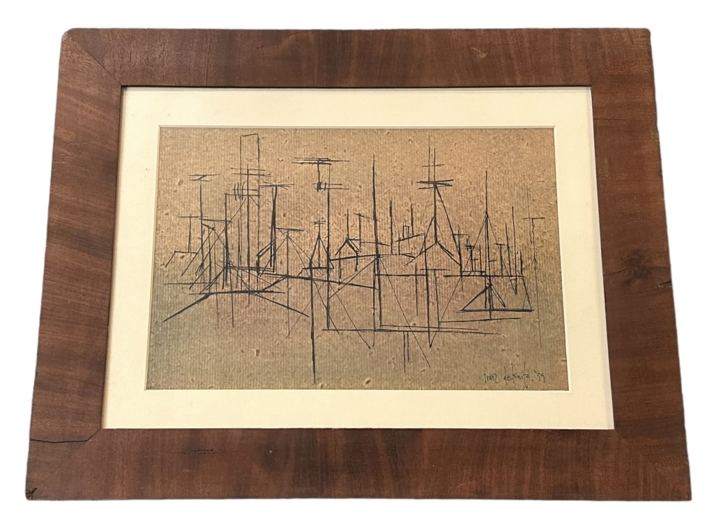 A Franz Deckwitz Illustration: Pen and ink on textured paper, signed Franz Deckwitz 59 lower right, good condition, in mahogany frame *veneer loss..sight 8H x 12W, frame 14.5H x 18.5W..not examined out of frame Line Item # 126