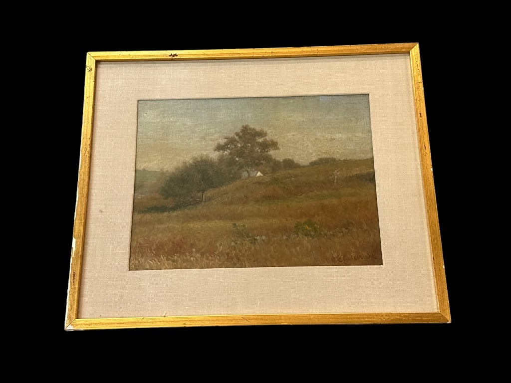 Pastoral Landscape, Casimir Clayton Griswold: American, 1834-1918..oil on canvas, stretched over board and under glass, signed C.C. Griswold lower right..yellowing varnish, cracks to canvas, gilt frame with loss..sight 9.5H x 12.5W, frame 15.5H x