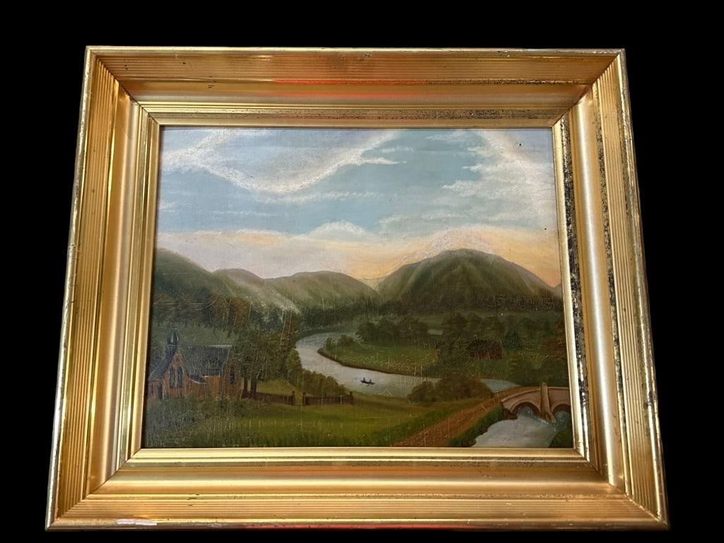 Sweeping Landscape with Church and River: Late 19th/early 20th century, Continental school, oil on board, unsigned..craquelure, surface scratches, gilt wood frame with wear..sight 15.5H x 19.5W, frame 22H x 26W x 3D Line Item # 83