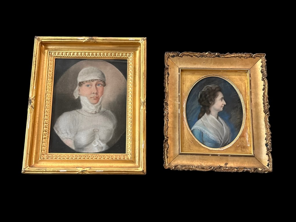 2 19th Century Pastel Portraits: Larger portrait of a woman in white with high collar, on canvas; smaller a profile portrait of woman in blue, no visible signatures on either..both frames with wear, larger frame 16H x 13W x 2.5D Line