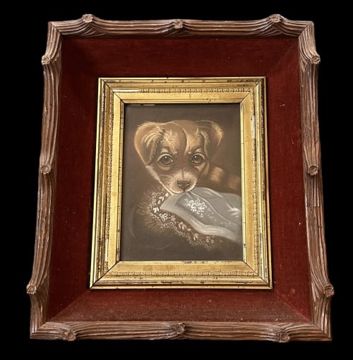 Pastel Portrait of a Puppy: Late 19th century, on paper, unsigned, sight 7.5 x 5.5 in..gilt liner with velvet lined ogee frame, faux bois trim..frame measures 14.5H x 12.5W x 3D