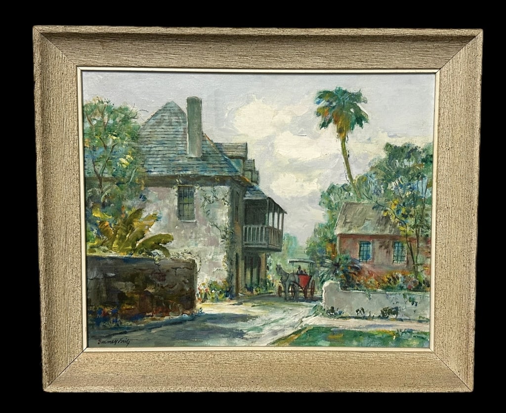 Aviles Street Looking North, Emmett Fritz: American, 1917-1995..oil on canvas board, signed lower left, 15.5 x 19.5 sight..good surface condition, painted wood frame with some wear, not examined out of frame, verso with title and additional lo