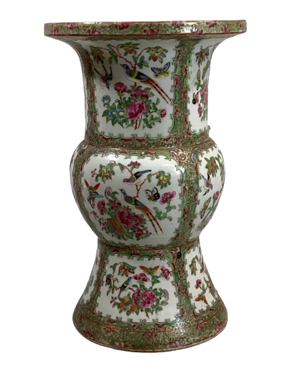 Chinese Famille Rose Gu Vase: 16 inches tall, panel decorations to the body depicting birds in flowering branches, , butterfly and foliate, flared base, rimmed collar* old staple repair at base, lots of character Line Item # 30